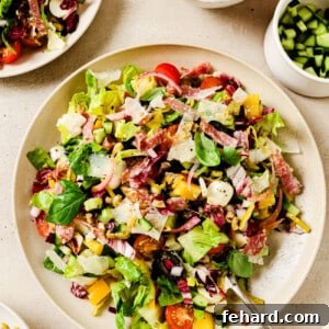 Close-up of the delicious Italian Chopped Salad, showing its rich texture and colorful ingredients.