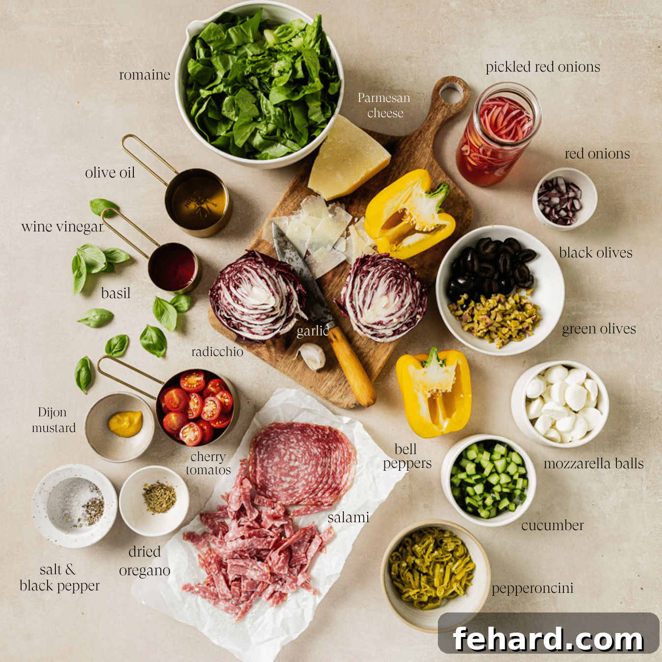 Vibrant Italian Chopped Salad 3 Various pre-measured ingredients for Italian chopped salad laid out in small bowls, each labeled for clarity.