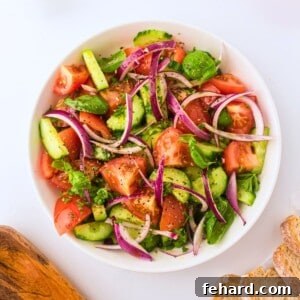 A vibrant bowl of cucumber tomato salad, featuring red onions, fresh basil, and a light Greek dressing, with whole fresh tomatoes in the background, ready to be served.