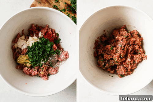 all the ingredients to make a burger in a white mixing bowl