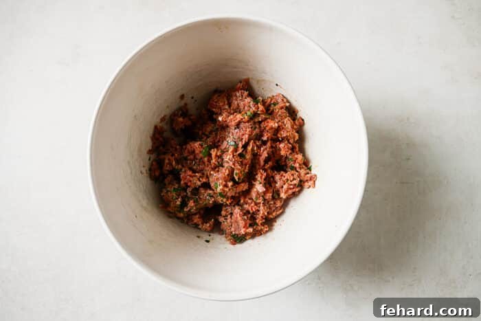 Healthy and Hearty Turkey Burger 5 Ground turkey and spices mixed together in a large white bowl.