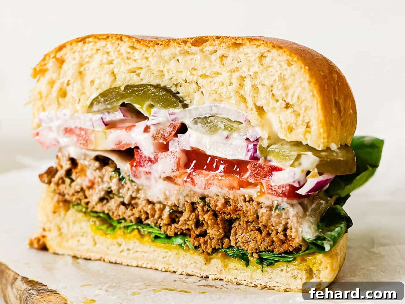 Healthy and Hearty Turkey Burger 8 A side view of a ground turkey burger with layers of toppings cut in half.