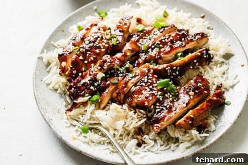 Served teriyaki chicken, sliced and garnished