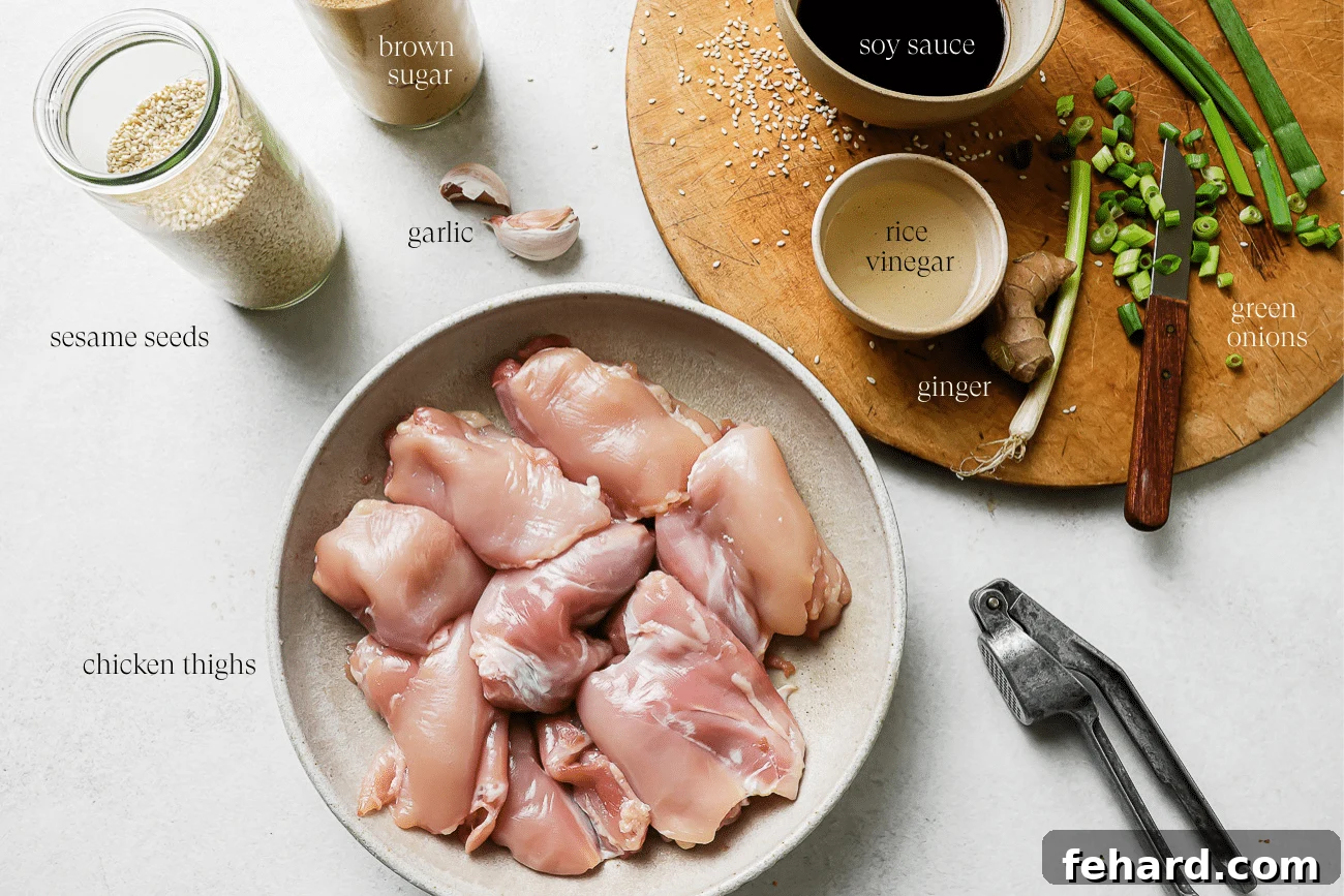 Ingredients for homemade teriyaki chicken marinade laid out on a board.