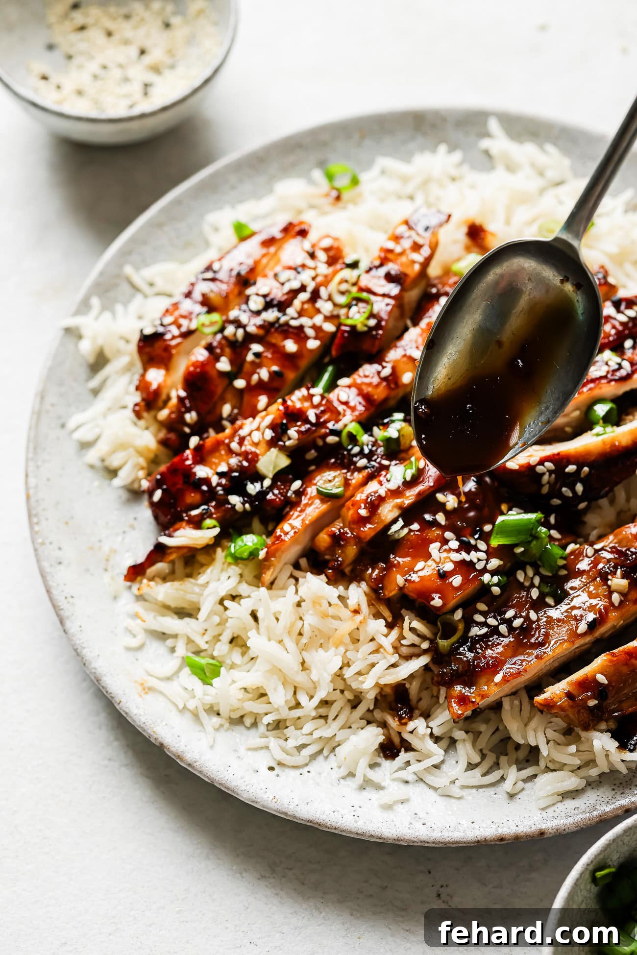 Close-up of Teriyaki chicken served on a bed of white rice, garnished beautifully.