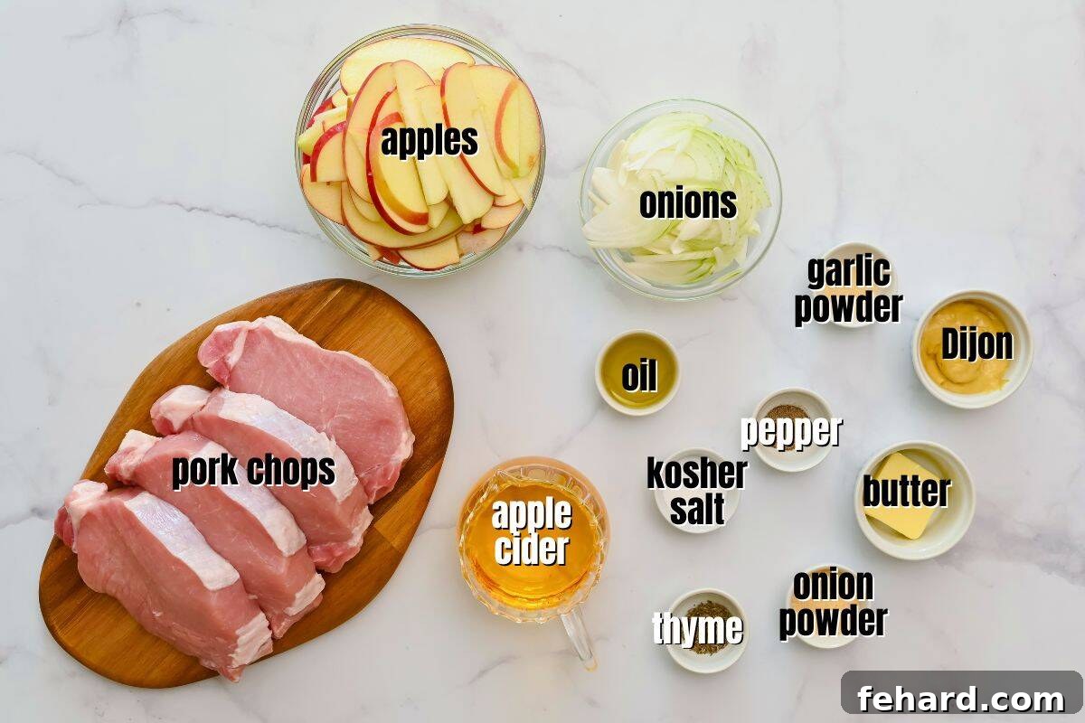 Easy Apple Pork Skillet Recipe Ingredients Overview Carefully arranged ingredients for pork chops with apples and onions on a rustic kitchen counter, showcasing fresh produce and pantry staples.