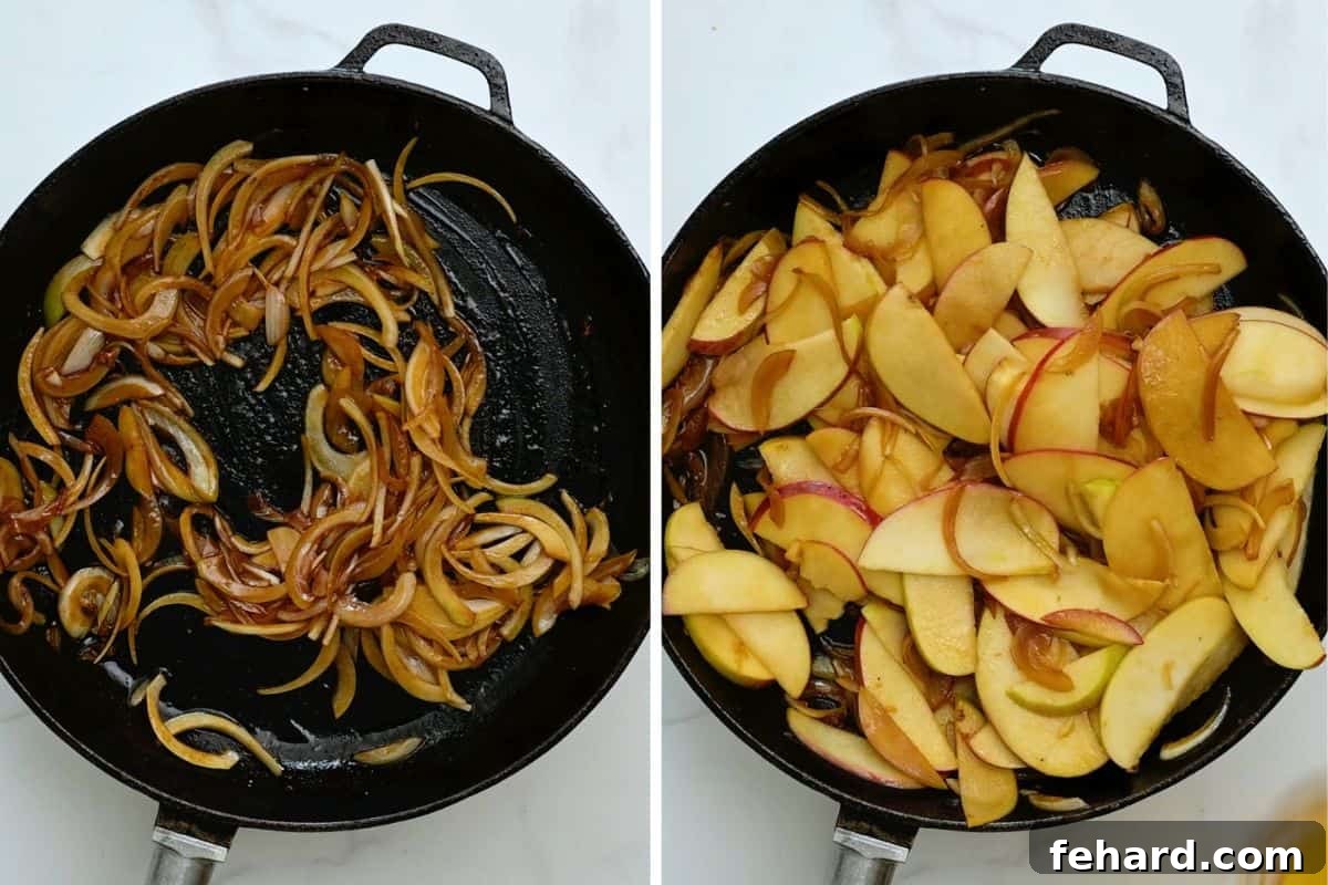 Caramelizing Onions and Apples in Skillet Side-by-side view illustrating caramelized onions before and after the addition of thinly sliced apples in the skillet, showcasing the cooking process.
