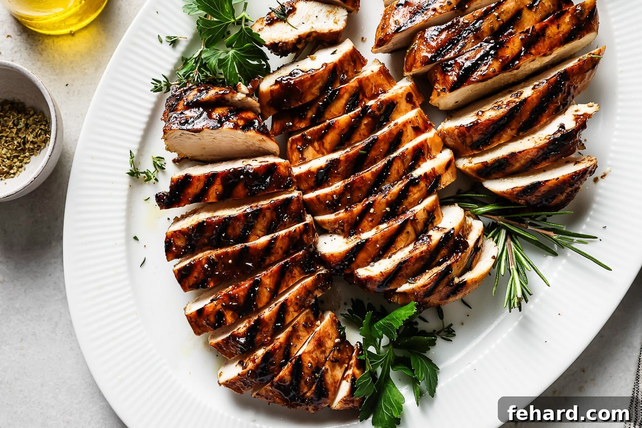 Signature Balsamic Chicken Marinade 9 Plated balsamic chicken breast, beautifully cooked and ready to serve.