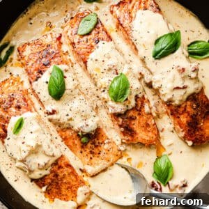 Marry Me Salmon in a cast iron skillet.