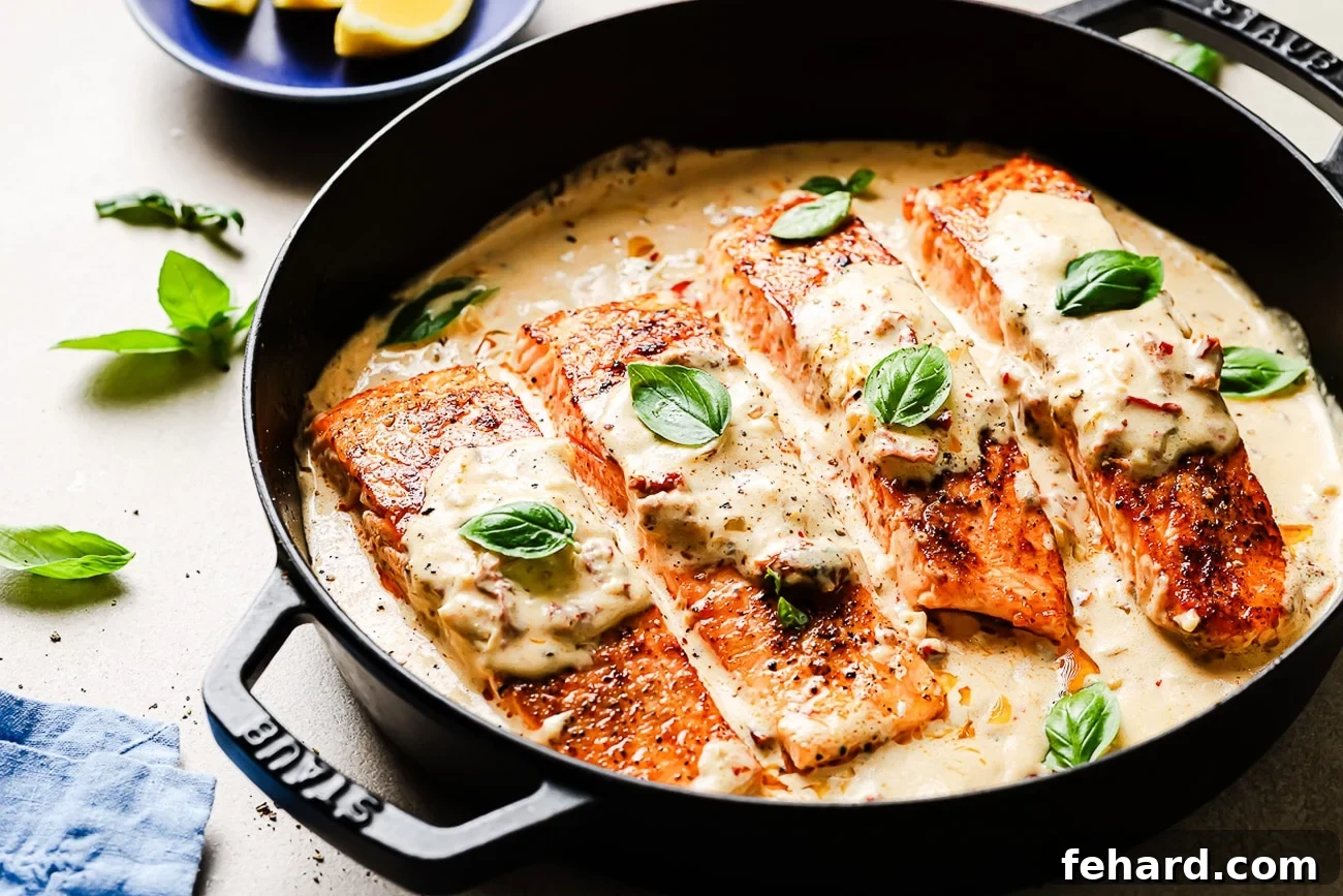 Overhead view of Marry Me Salmon in a cast-iron skillet, ready to serve, adorned with fresh basil.