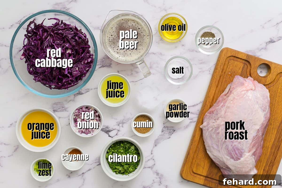 A flat lay photograph showcasing all the fresh ingredients meticulously arranged on a kitchen counter, ready for preparing delicious Crockpot Carnitas. Items include pork roast chunks, various dried spices, fresh oranges, and a bottle of pale beer.