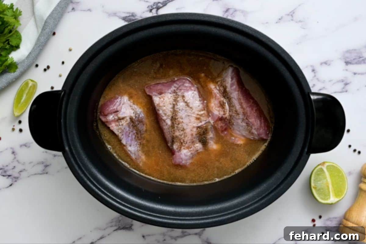 Raw pork shoulder chunks submerged in braising liquid, including orange juice, beer, and a blend of spices, inside a slow cooker before cooking.