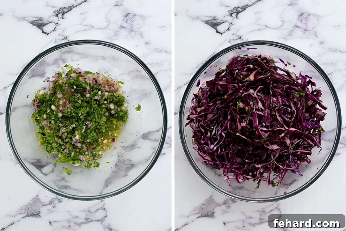 A two-part image displaying the preparation of Mexican Slaw: on the left, individual ingredients for the dressing; on the right, shredded red cabbage mixed with the dressing, ready for chilling.
