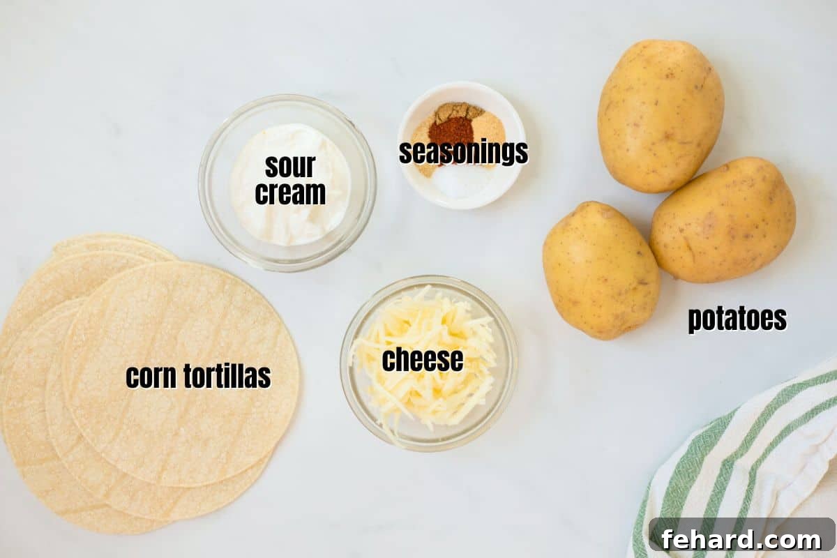 Tacos de Papa Ingredients labeled for potato tacos on counter including potatoes, sour cream, cheese, and spices.