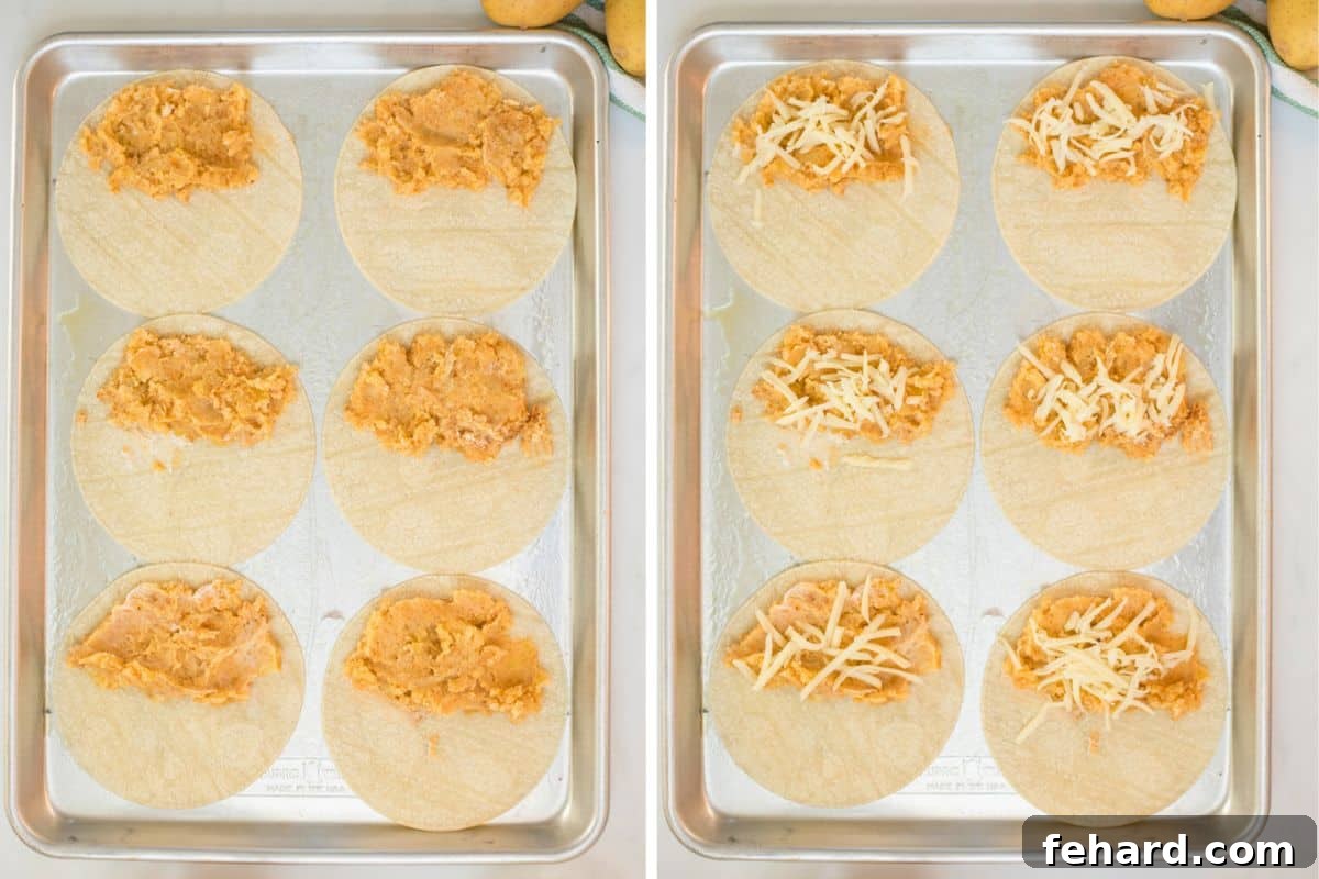 Recipe Mexican Potato Tacos Side by side photo showing 6 corn tortillas on baking sheet layered with seasoned potatoes and then topped with cheese.