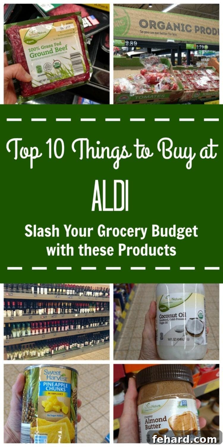 Aldi 10 Best Buys 3 Collage of various ALDI finds, including fresh produce, pantry items, and specialty products, with text highlighting 'Top 10 Things to Buy at ALDI' to emphasize budget-friendly shopping.