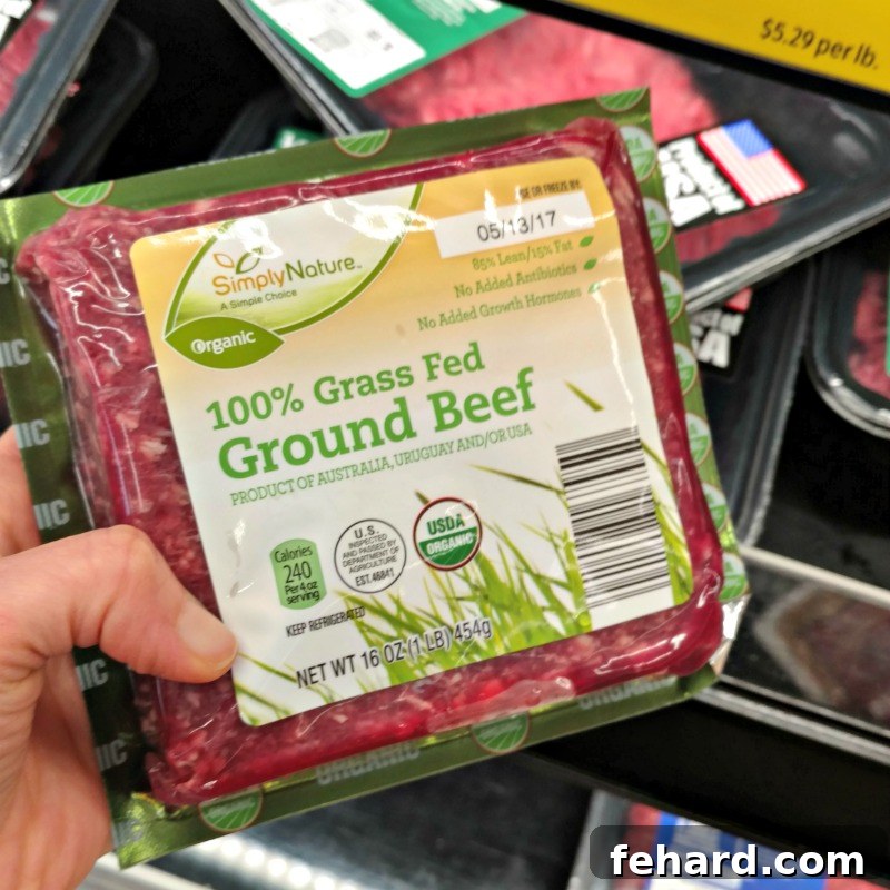 Aldi 10 Best Buys 10 Package of SimplyNature Grass-Fed Ground Beef from ALDI, emphasizing natural and high-quality meat choices.