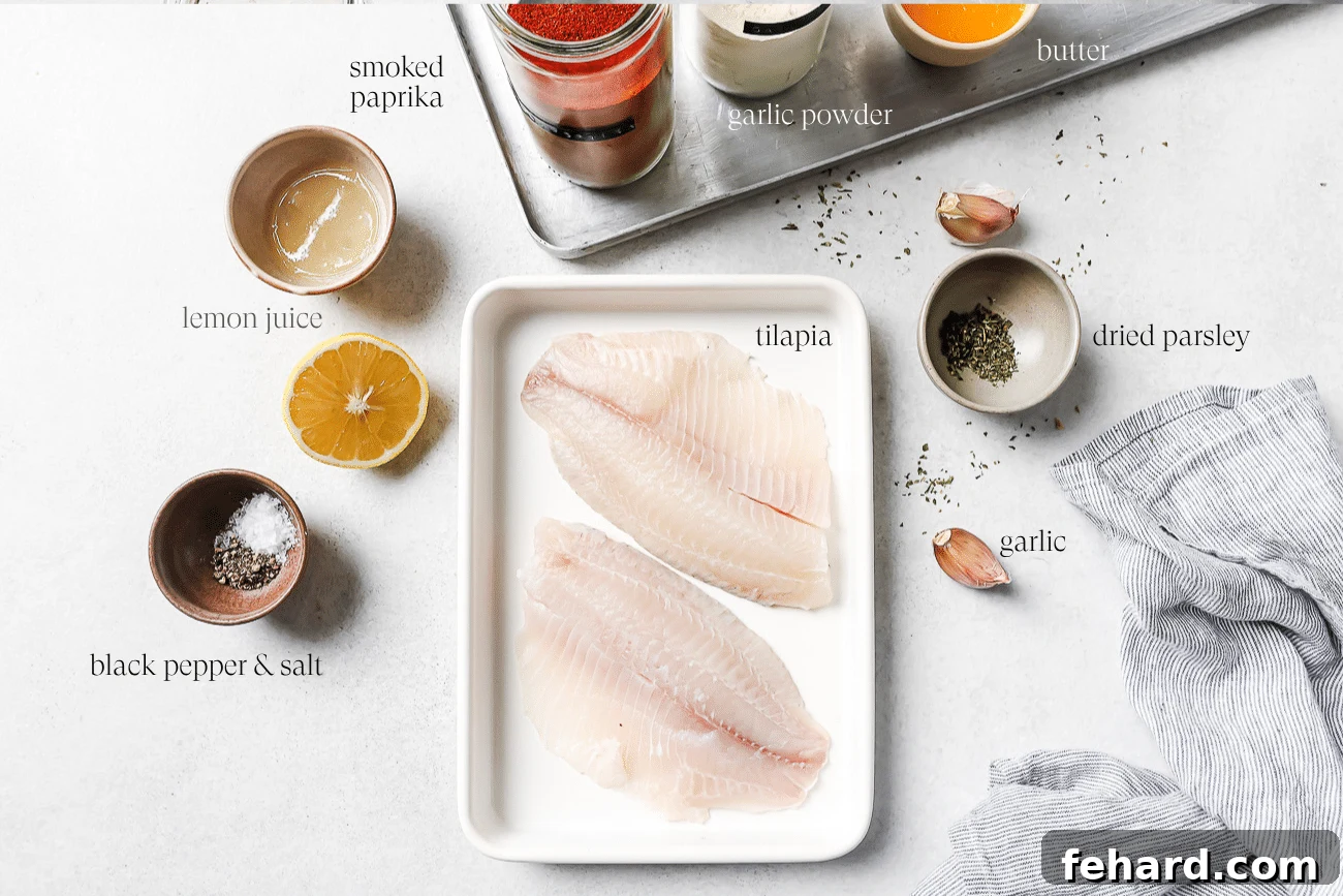 overhead view of the ingredients to make air fryer tilapia on a countertop