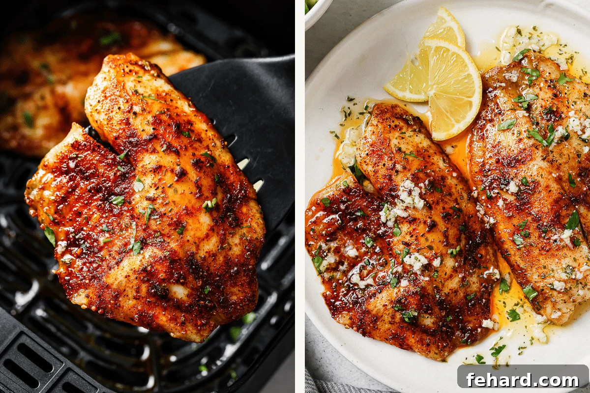 Right: a black spatula lifting a tilapia fillet. Left: tilapia fillet on a white plate topped with lemon garlic sauce.