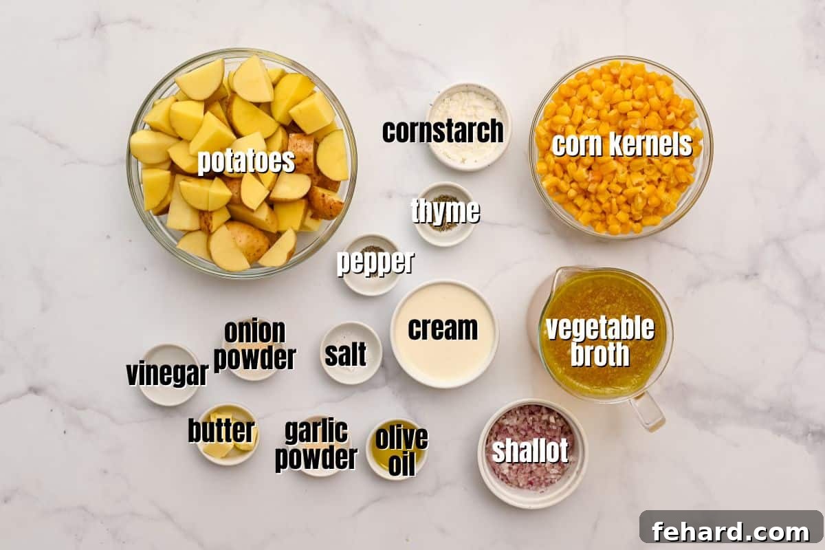 Potato Corn Chowder Instant Pot Ingredients All the essential ingredients for making a delicious Instant Pot Potato Corn Chowder laid out on a kitchen counter, showcasing fresh potatoes, corn, broth, shallots, and various seasonings.