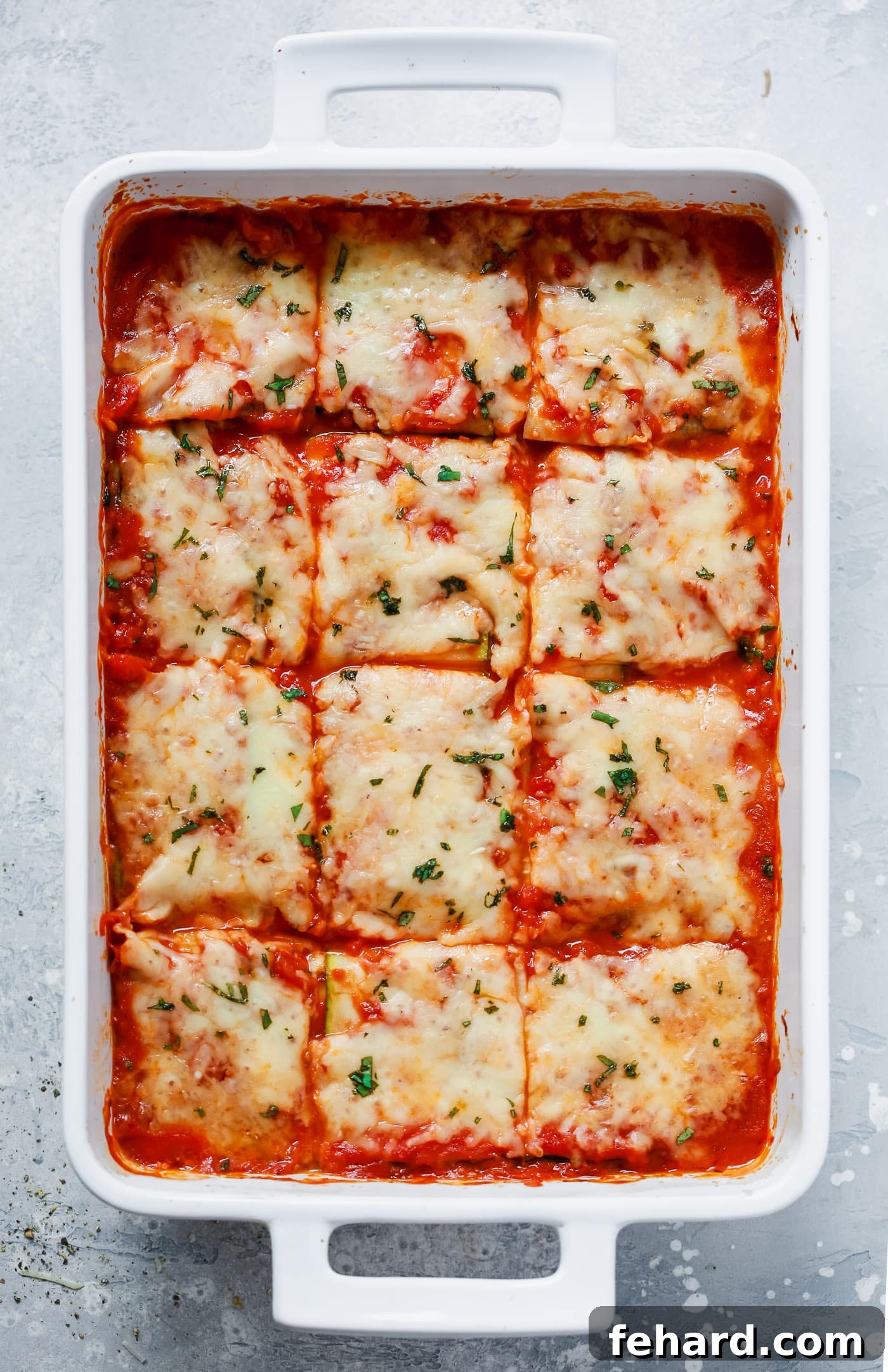 Zucchini Ribbon Bake 2 overhead view of Zucchini Lasagna in a white casserole