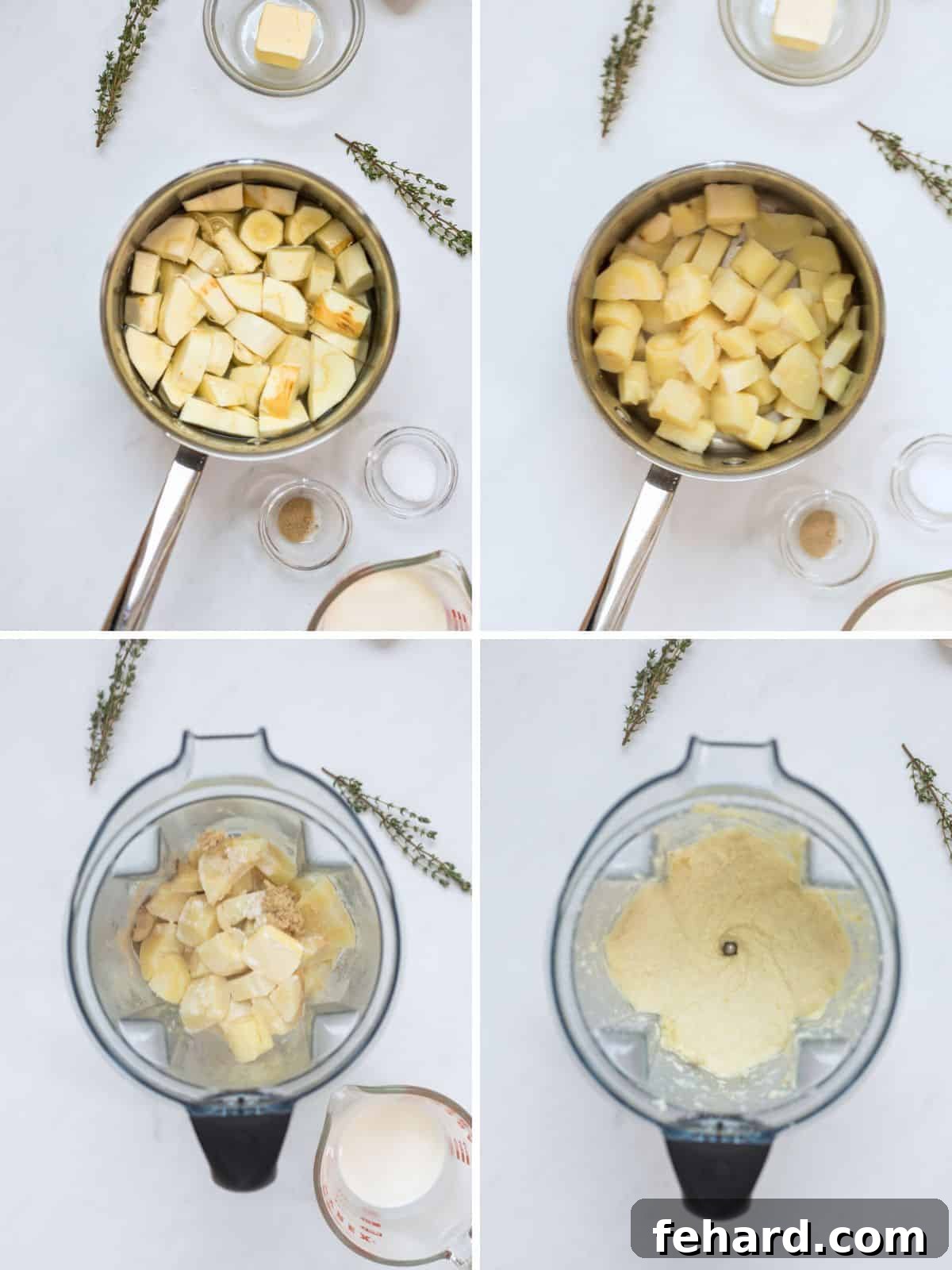 How to Make Creamed Parsnips Step by Step Step-by-step photographic collage showing parsnips boiling in salted water, cooked parsnips drained, parsnips blending with butter and cream, and the finished creamy parsnip puree in a serving bowl.