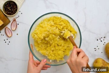 Gently folding in grated baked potatoes into sour cream mixture in mixing bowl.