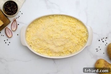 Grated baked potatoes mixed with sour cream and cheese layered in casserole dish to make potatoes romanoff casserole.