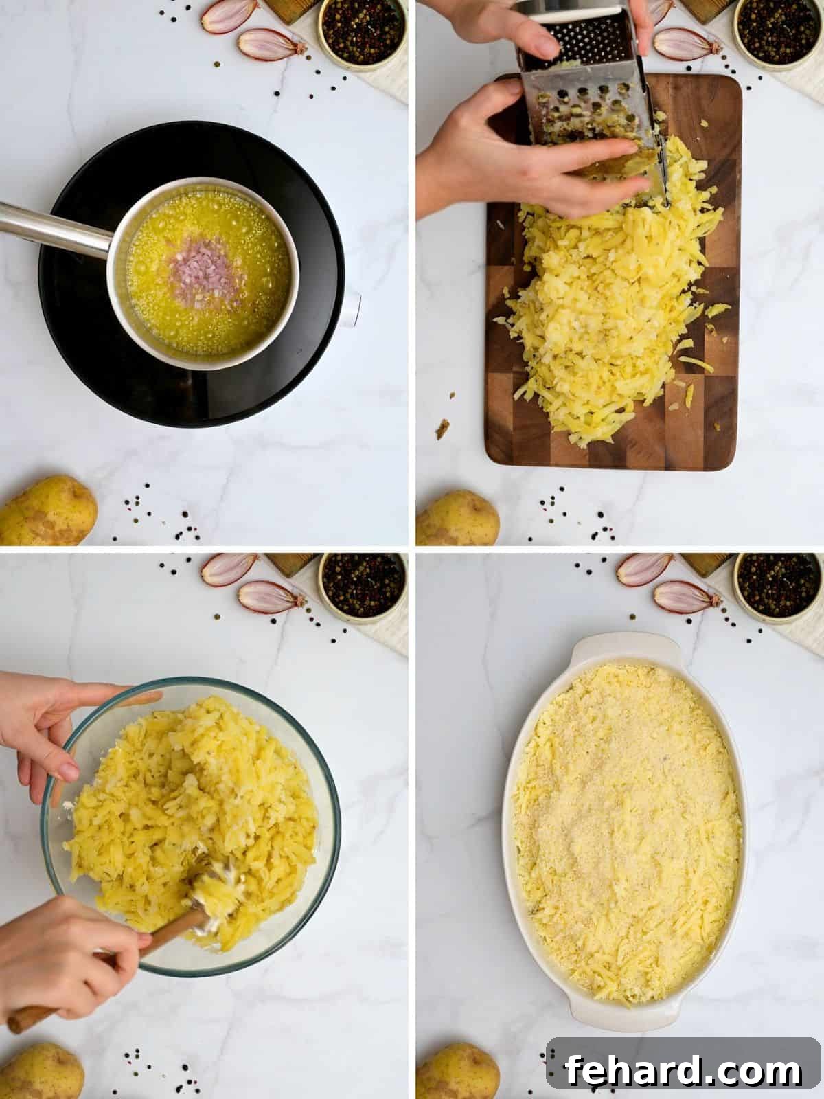 Making Steakhouse Potatoes Romanoff A visual guide showing the steps to make Potatoes Romanoff: sauteing shallots, grating cold potatoes, mixing ingredients in a bowl, and layering the casserole dish before baking.