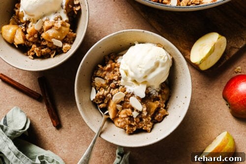 Gluten-free apple crisp in a white bowl topped with creamy vanilla ice cream for a cozy dessert.