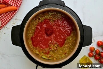 Rich & Rapid Instant Pot Bolognese 7 Layered meat sauce with tomatoes and tomato paste inside inner pot before pressure cooking Bolognese sauce.