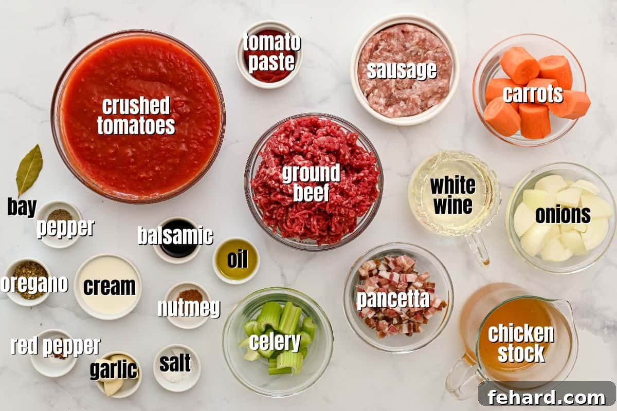 Bolognese Recipe Instant Pot Ingredients for rich Bolognese sauce in small bowls prepped to make Instant Pot Bolognese sauce labeled.