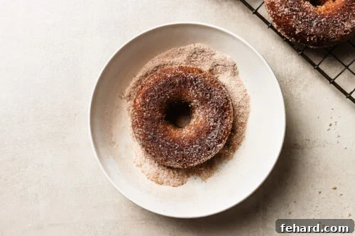 Freshly baked donut on a plate with sugar for coating or rolling.