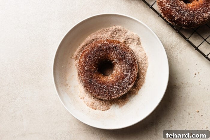 Freshly baked donut on a plate with cinnamon sugar mixture for coating, and a bowl of melted butter.