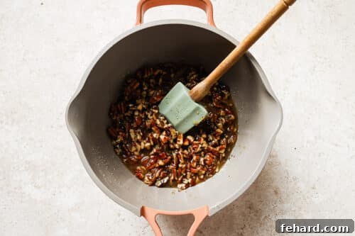 Irresistible Gluten-Free Pecan Bars 14 saucepan with melted butter, maple syrup, sugar, vanilla, salt, chopped pecan and milk.