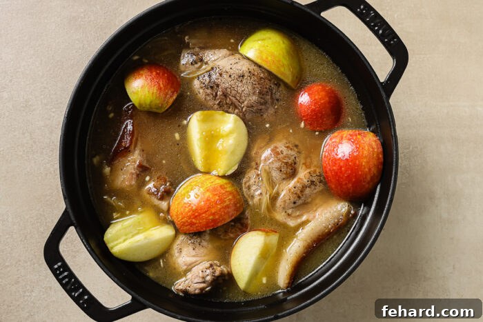 pork shoulder with apple cider and slices of apple in a Dutch oven pot. 