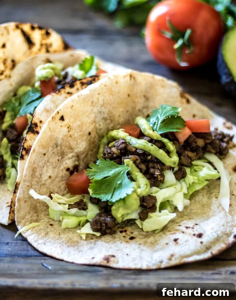 Freshly assembled Lentil Soft Taco with crisp cabbage and creamy avocado sauce on a rustic wooden cutting board.