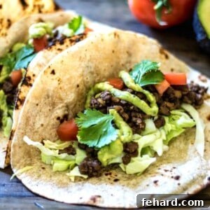 Lentil Taco meat on tortilla topped with avocado and cabbage.