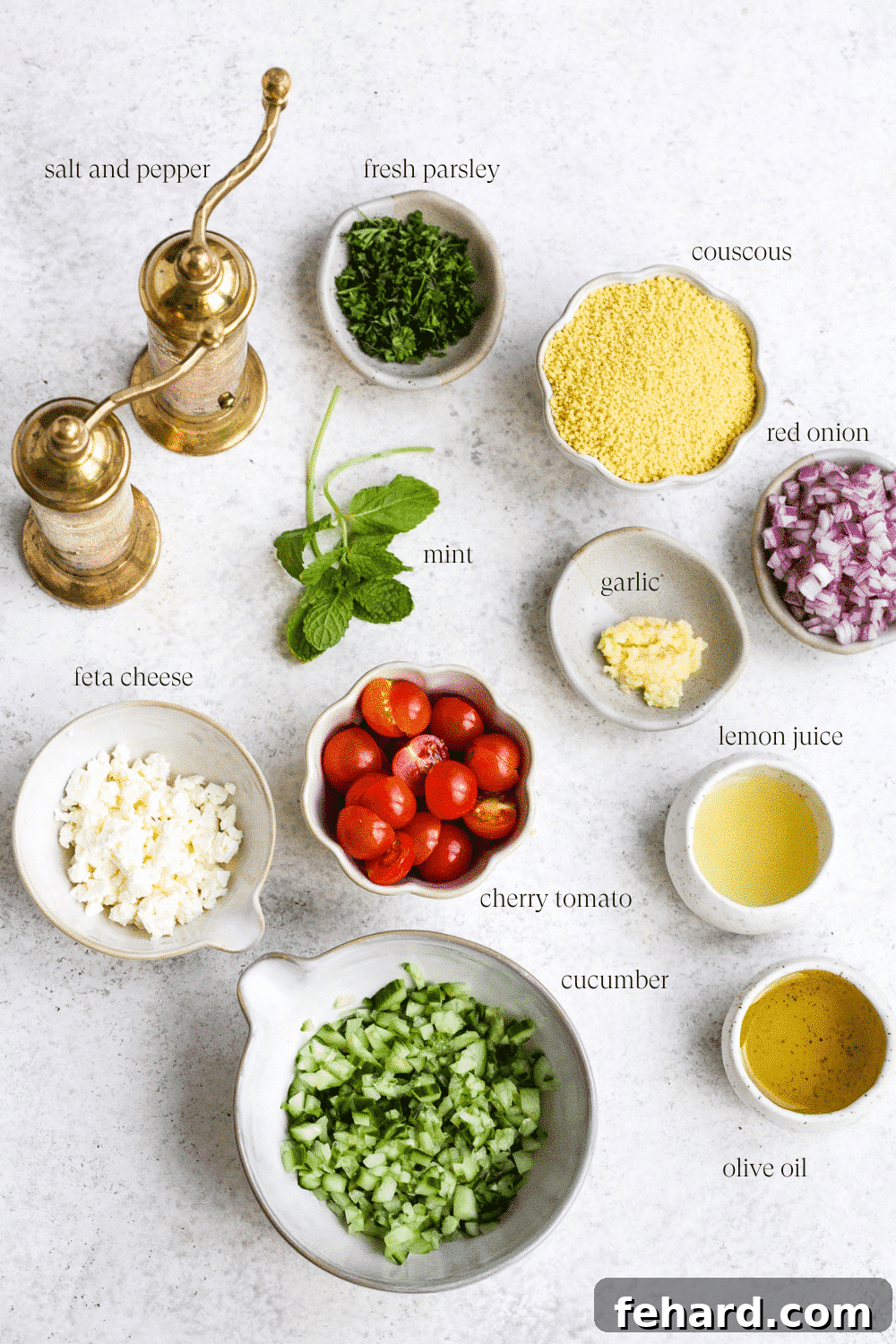 overhead view of all the ingredients for the couscous salad.