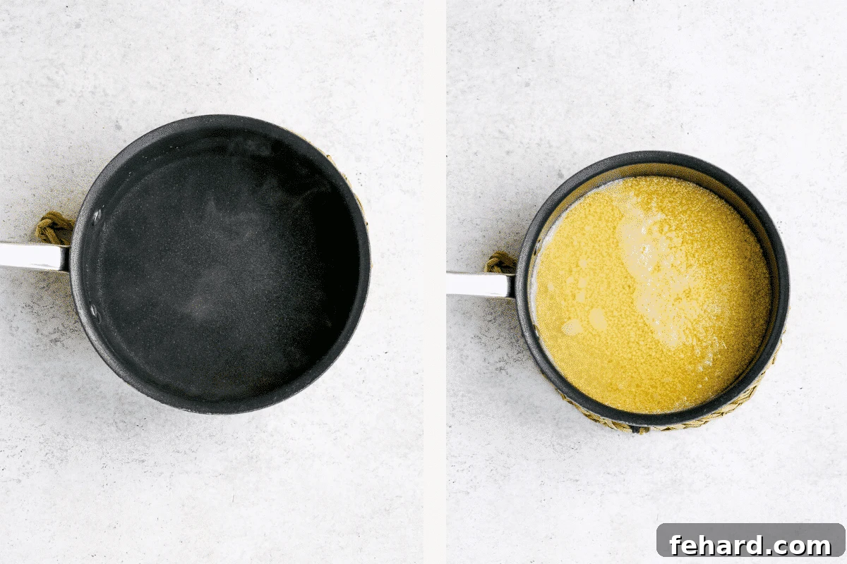 Left: saucepan full of hot water. Right: couscous added to hot water in saucepan. 