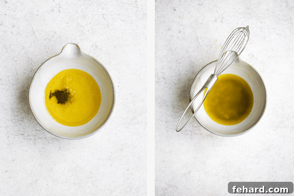 Left: dressing ingredients measured into a bowl. Right: dressing ingredients whisked together in bowl. 