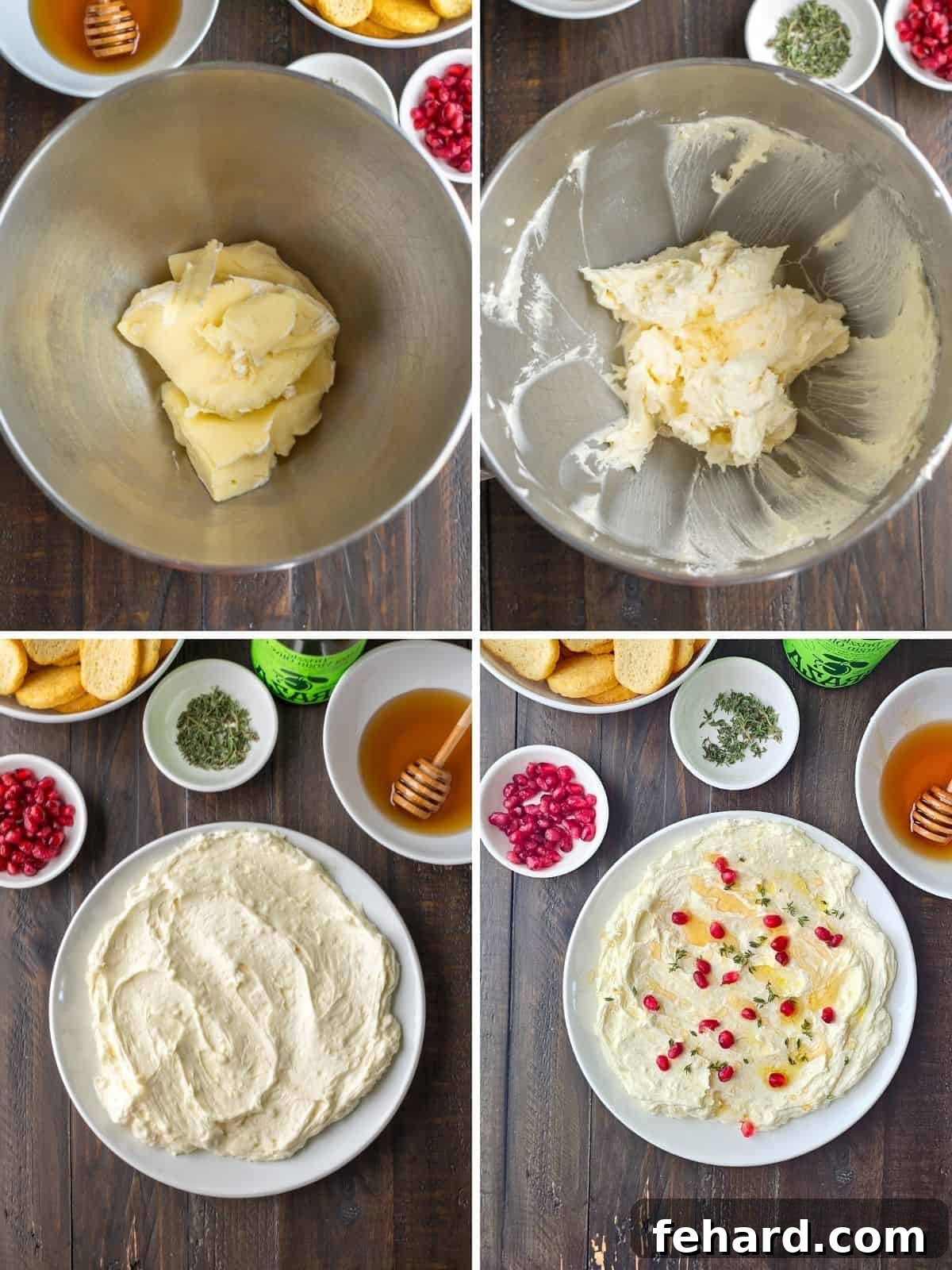 Whipped Brie Recipe Four photos showing brie without the rind in a mixing bowl, after mixing in mixing bowl, spread out in serving dish, then garnished with honey and pomegranate seeds.
