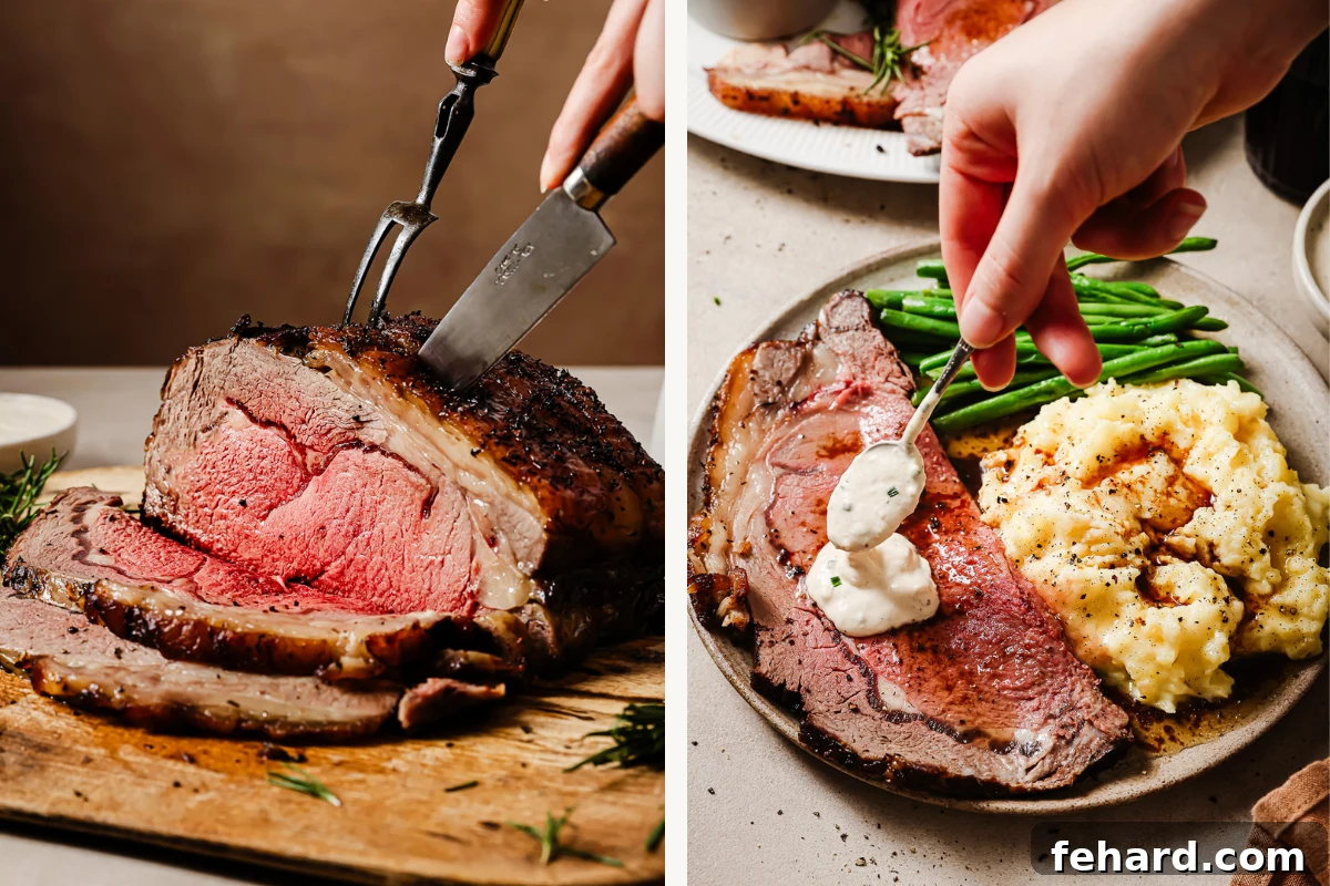 Perfectly Slow Seared Prime Rib 12 Left: prime rib sliced on a wooden board with rosemary. Right: Prime rib plated with mashed potatoes, green beans, and creamy horseradish sauce — a perfect holiday dinner.