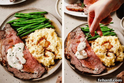 Prime rib plated with mashed potatoes, green beans, and creamy horseradish sauce — a perfect holiday dinner.