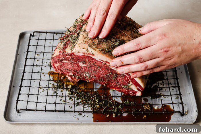 Perfectly Slow Seared Prime Rib 8 Raw prime rib roast on a wire rack, marinated with Worcestershire sauce and herbs, ready for the reverse sear method