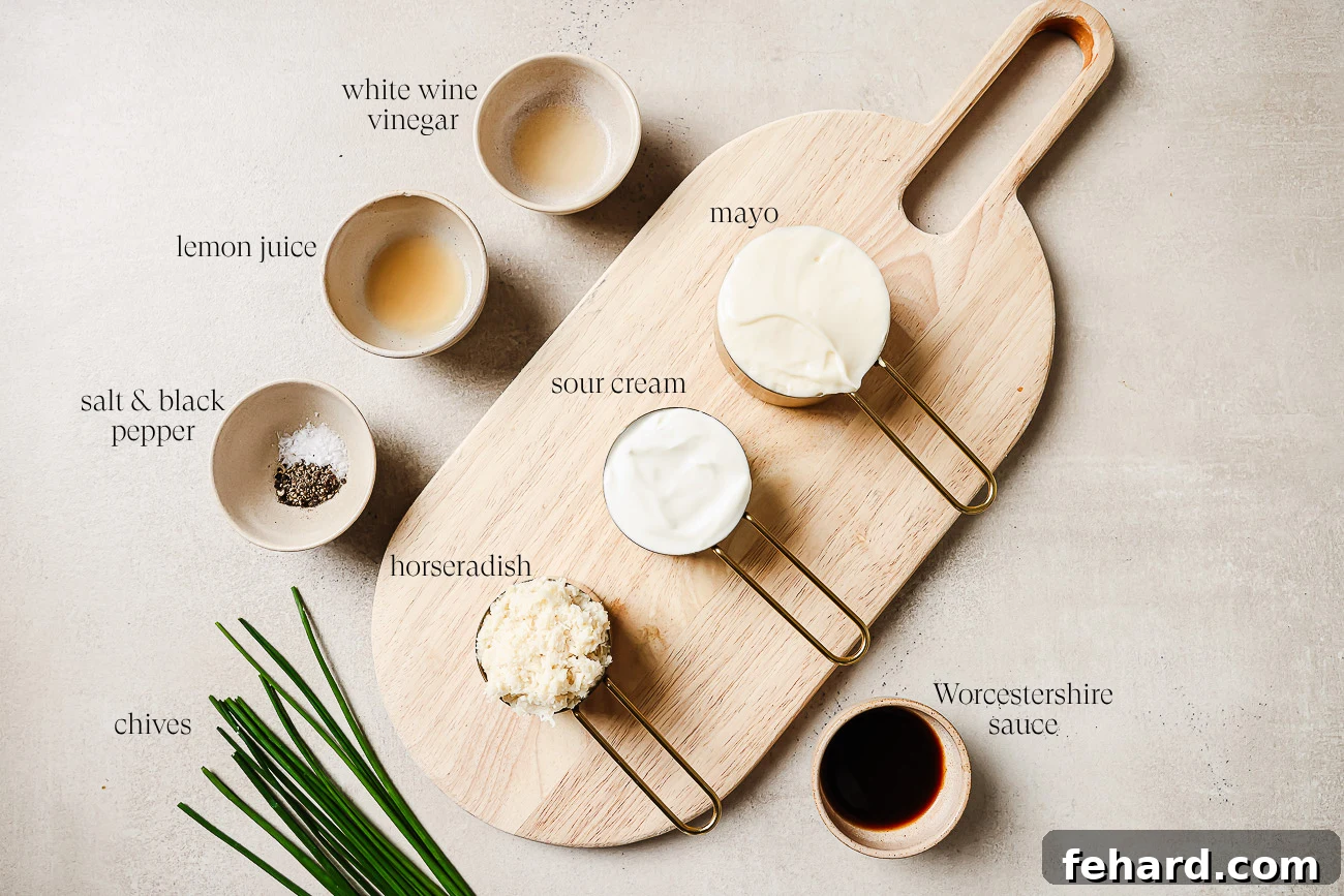 Ingredients to make Horseradish sauce on a countertop. 