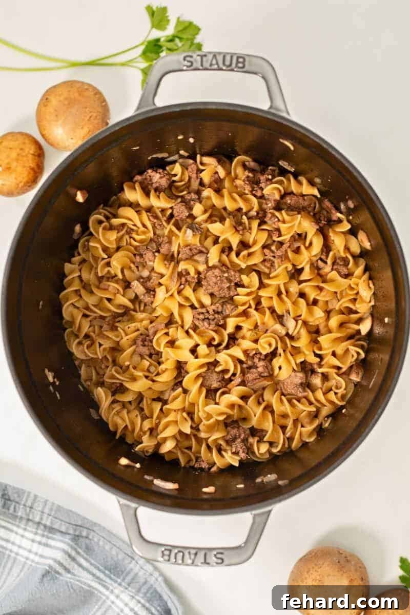 Perfectly cooked egg noodles and ground beef in large Dutch Oven next to fresh mushrooms.