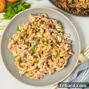 Homemade ground beef stroganoff with egg noodles and ground beef dished out on gray plate topped with parsley.