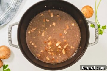 Beef broth, wine, seasonings, ground beef and mushrooms in large pan.