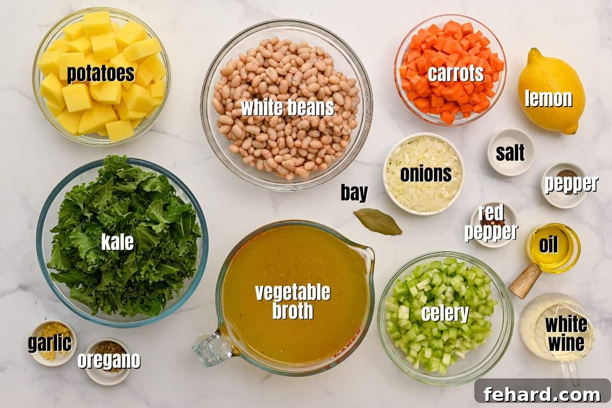 A flat lay photograph showcasing all the fresh and dry ingredients required for a healthy white bean and kale soup, including vegetables, canned beans, and spices.